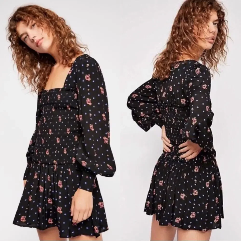 Free People Two Faces Milkmaid Black Floral Long Sleeve Dress NWT Sz S Womens